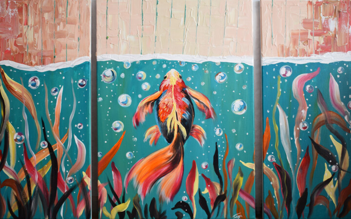Aquarium / Triptychon Painting, 27.6x43.3 in