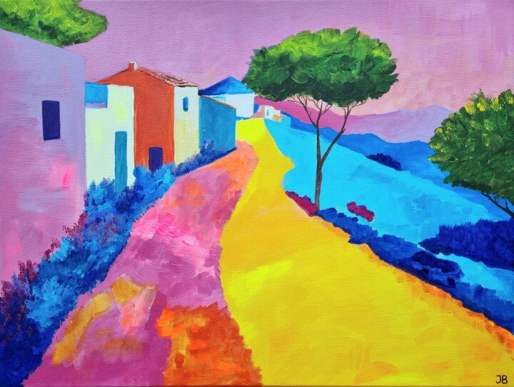Painting titled "Colorful Country Ro…" by Iuliia Batsyna, Original Artwork, Acrylic Mounted on Wood Stretcher frame