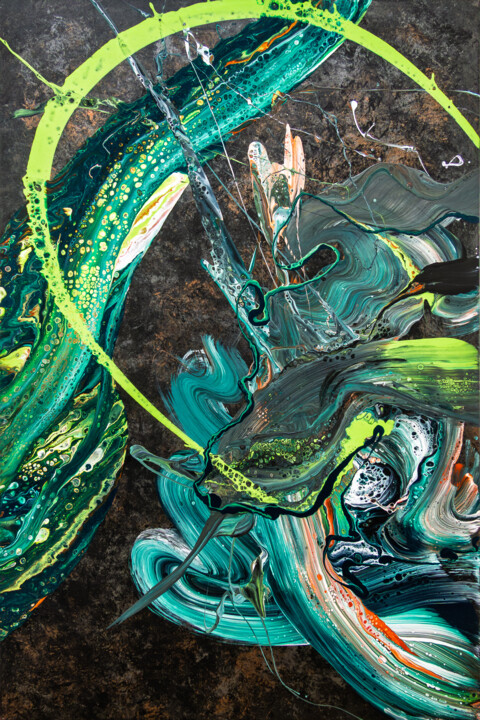 Schilderij getiteld "Flüchtige Formen" door Björn Wiedemann, Origineel Kunstwerk, Acryl Gemonteerd op Frame voor houten bran…