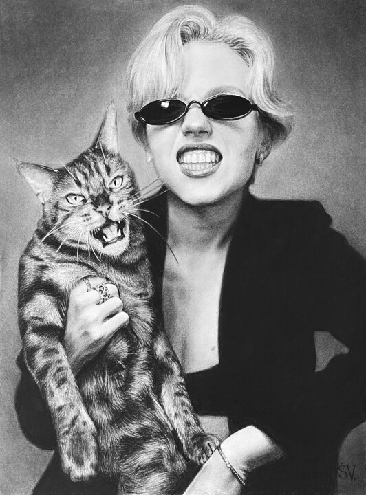 Fille et son chat – Portrait d'un lien tendre au fusain 图画, 26.8x22.4 in