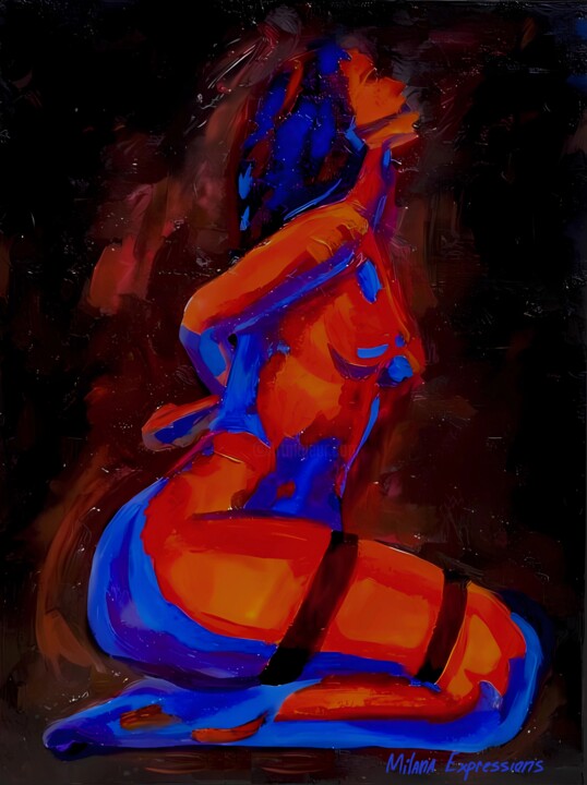 Submissive Desire: Kneeling Nude Woman in Red & Blue 绘画, 15.8x11.8 in