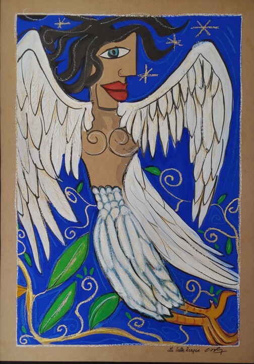 Painting titled "La belle harpie" by Caroline Cavalier, Original Artwork, Gouache