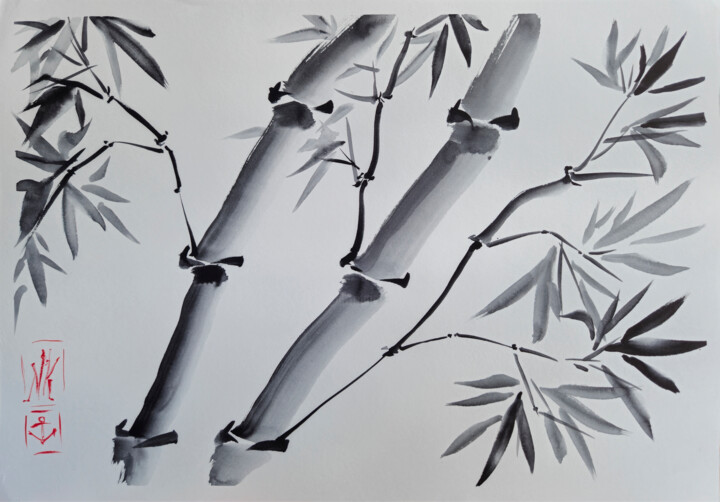 Silent Bamboo, Sumi-e Ink Wash Painting, Minimalist Zen Art Schilderij, 16,5x11,7 in