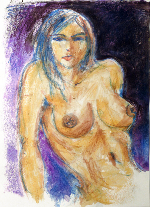 Aktskizze mit blauen Konturen. 图画, 16.1x11.6 in