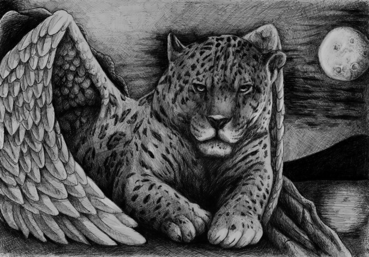 Mystical Guardian: The Winged Jaguar 图画, 13x18.9 in