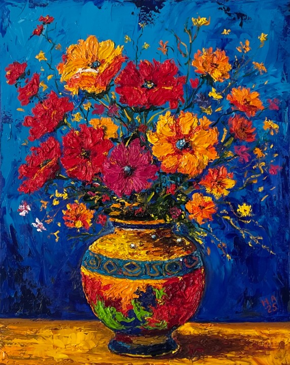 Цветы в вазе с узорами 绘画, 19.7x15.8 in