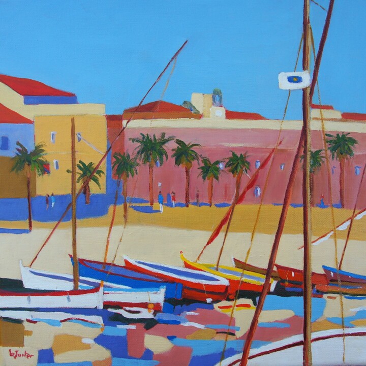 Malerei mit dem Titel "Le port de Sanary-…" von Jean-Noël Le Junter, Original-Kunstwerk, Öl Auf Keilrahmen aus Holz montiert