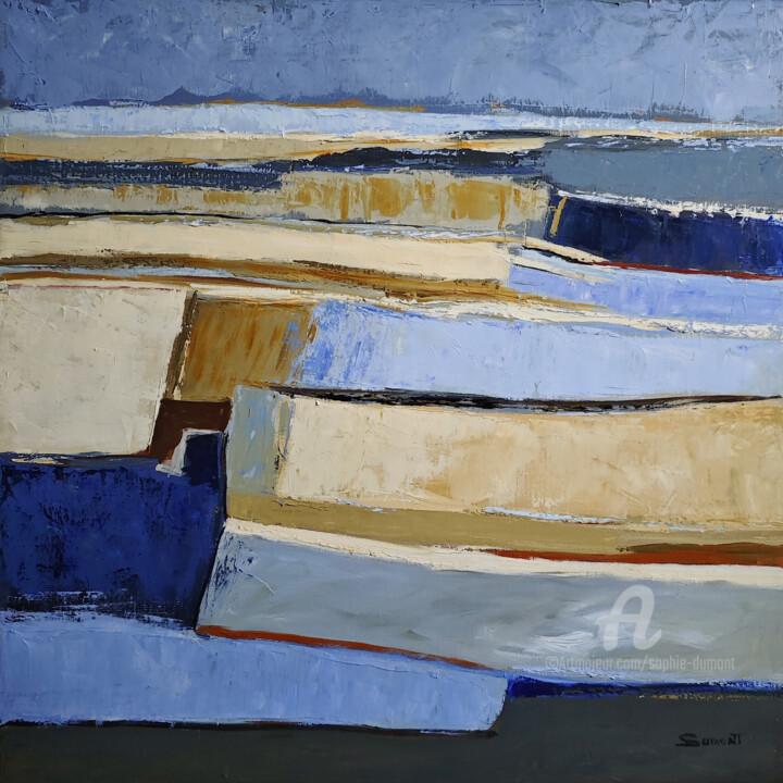 Peinture intitulée "Méandres bleu sable" par Sophie Dumont, Œuvre d'art originale, Huile Monté sur Châssis en bois