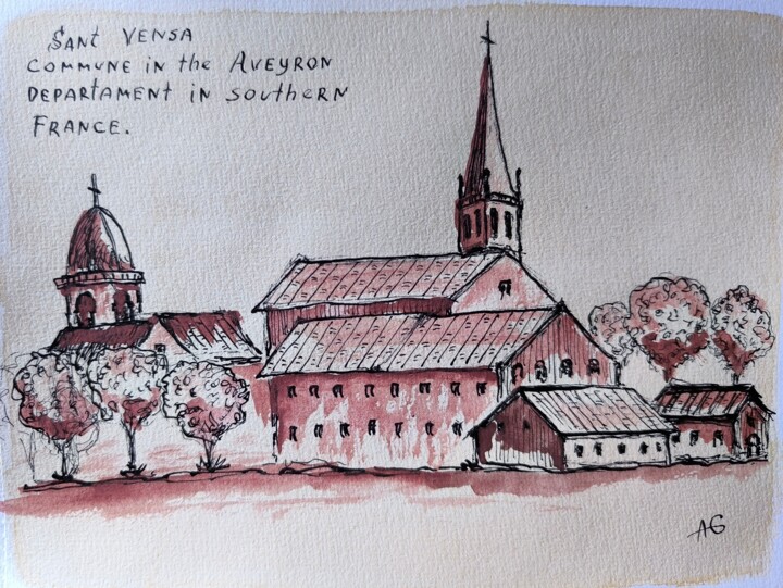 Drawing titled "Sant Vensa. France" by Aleksej Grishkovec, Original Artwork, Ink