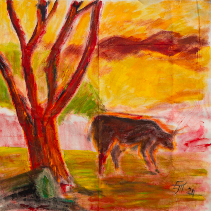 COLOURFUL COW AND TREE 绘画, 38.6x35.8 in