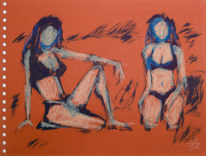 Zwei kniende Frauen in Landschaft. 图画, 9.5x12.6 in
