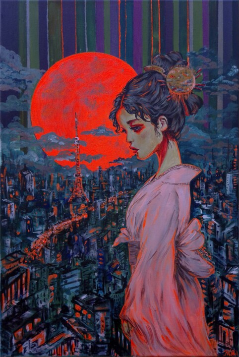 "Geisha in Neon Light" – Atmospheric Portrait, Acrylic Paint 绘画, 23.6x15.8 in