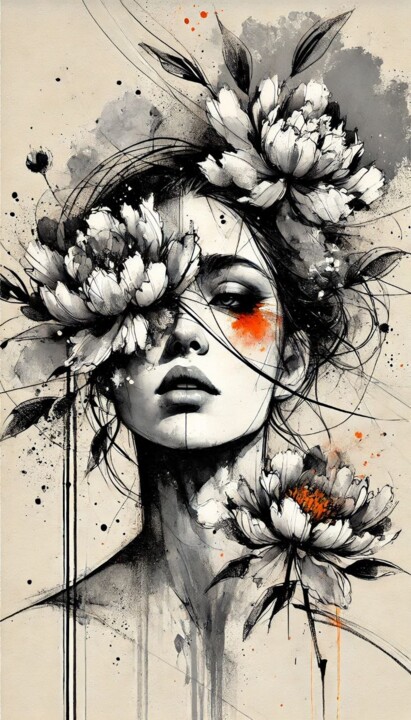 Digitale Kunst mit dem Titel "Secret Bloom" von Olga Mashina, Original-Kunstwerk, KI-generiertes Bild
