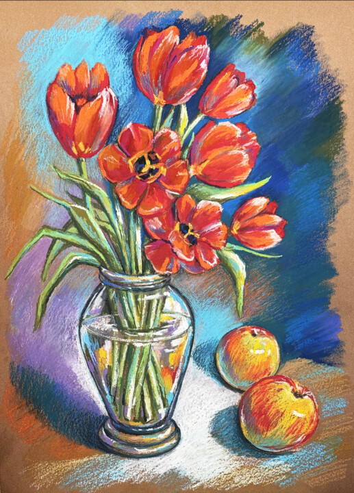 Bouquet red tulips oil pastel drawing panting still life Tekening, 23,4x16,5 in