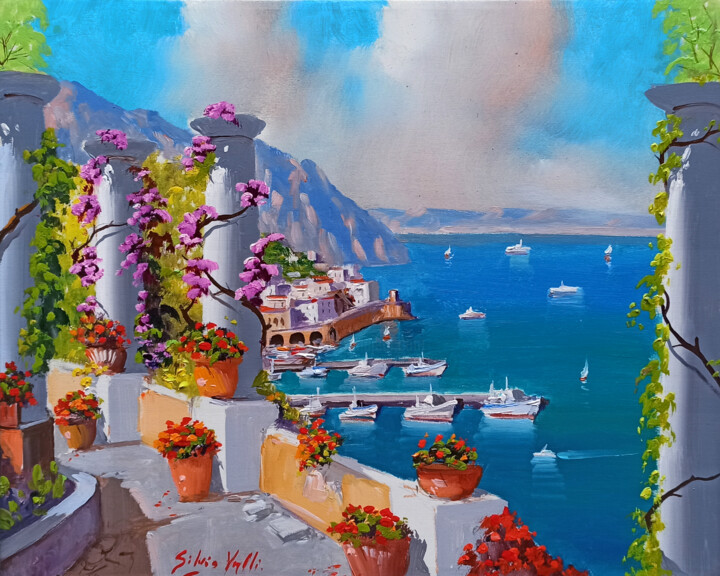 Walkway on the coast - Amalfi painting Italy 绘画, 15.8x19.7 in