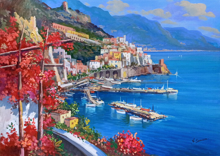 Pintura intitulada "Flowery view on Ama…" por Vincenzo Somma, Obras de arte originais, Óleo Montado em Armação em madeira