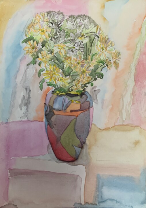 Sunlit Harmony: Watercolor Floral Still Life with Vibrant Va 绘画, 11.7x8.3 in