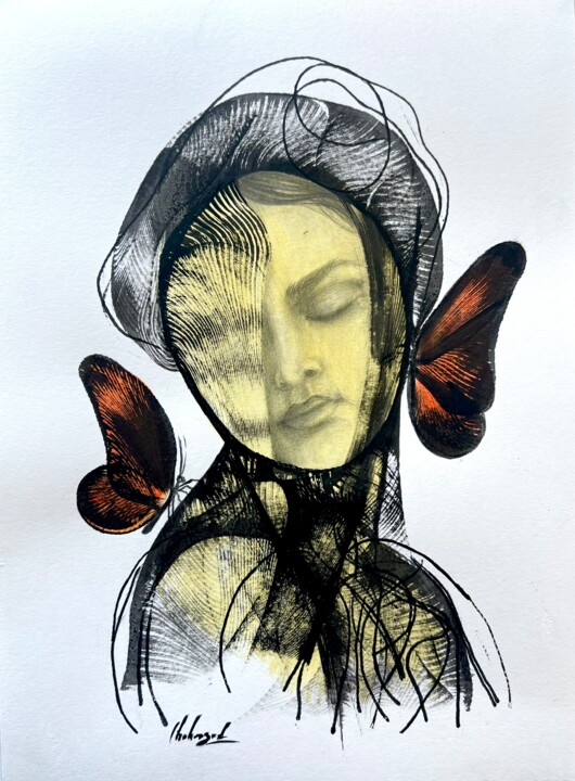 Femme deux papillons 绘画, 15.8x11.4 in