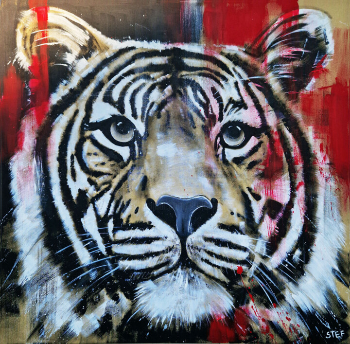 Painting titled "Big Cat - TIGER #13" by Stefanie Rogge, Original Artwork, Acrylic Mounted on Wood Stretcher frame