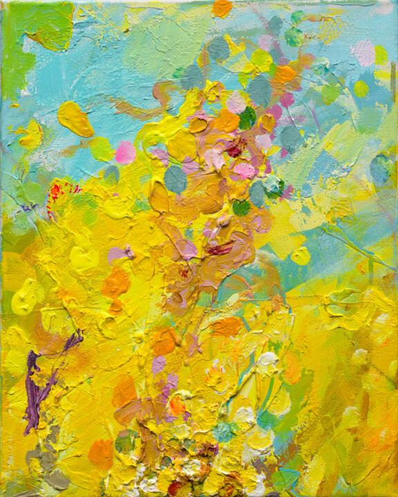 1.4 Abstract floral acrylic painting yellow, blue, turquoise Картина, 19,7x15,8 in