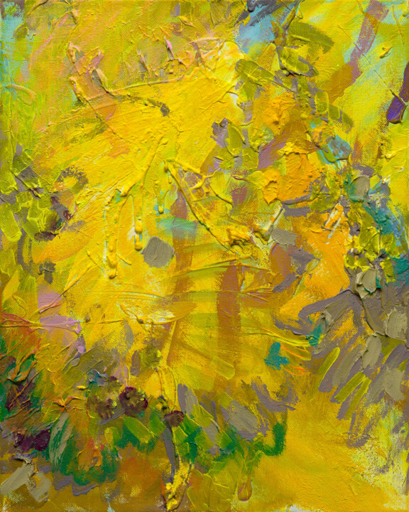 3.6 Abstract floral acrylic painting yellow, pink, turquoise Pittura, 19,7x15,8 in