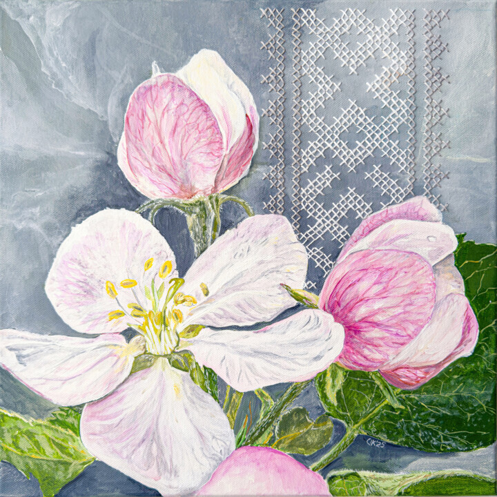 Painting titled "Soft Threads of Spr…" by Irina Kurganskaya, Original Artwork, Acrylic Mounted on Wood Stretcher frame