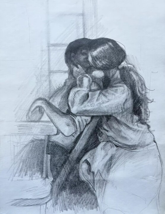 "Moments of solitude, a kiss" 绘画, 9.1x7.9 in