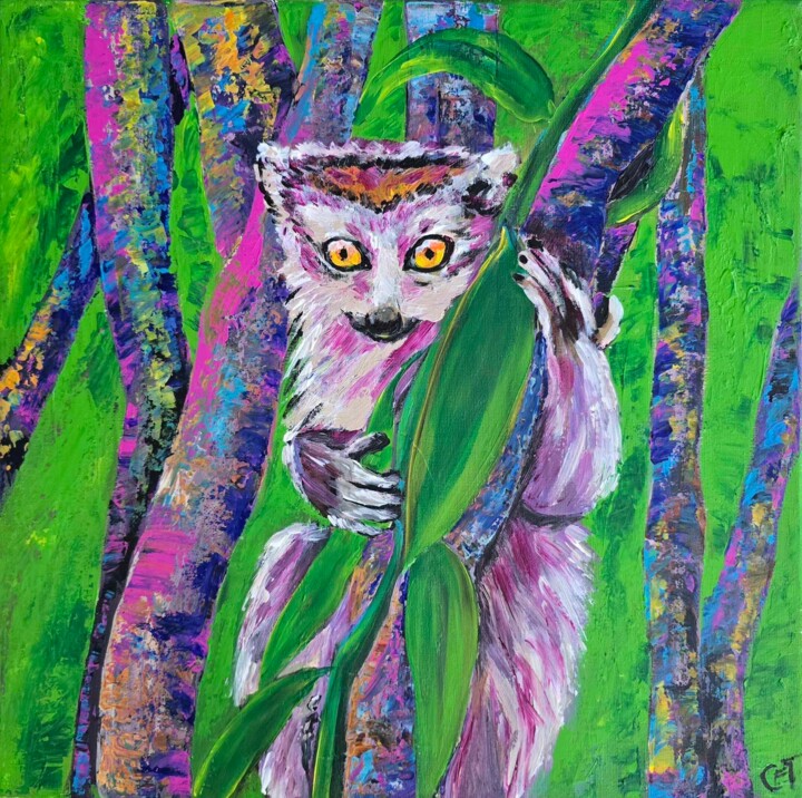 The shocked one, Lemur painting 绘画, 15.8x15.8 in