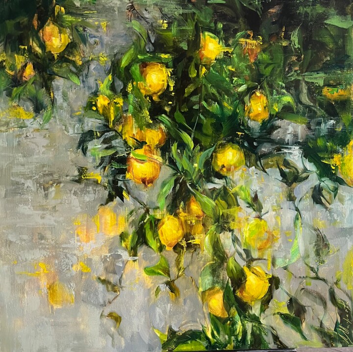 绘画 标题为“VIBRANT LEMONS” 由Elena Mashajeva-Agraphiotis, 原创艺术品, 油 安装在木质担架架上