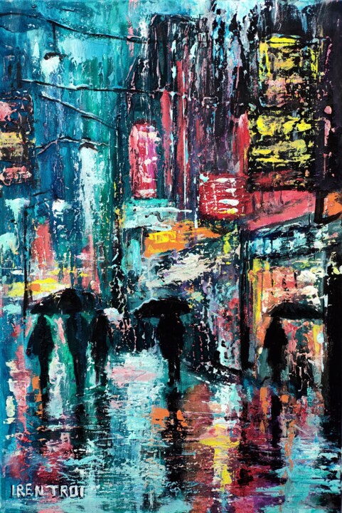 Neon City Rain - Textured Impressionist Acrylic Painting 绘画, 23.6x15.8 in