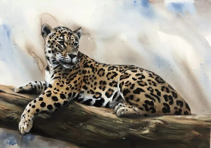 Leopard on a tree "Tranquility of the jungle",50/70 cm 绘画, 19.7x27.6 in
