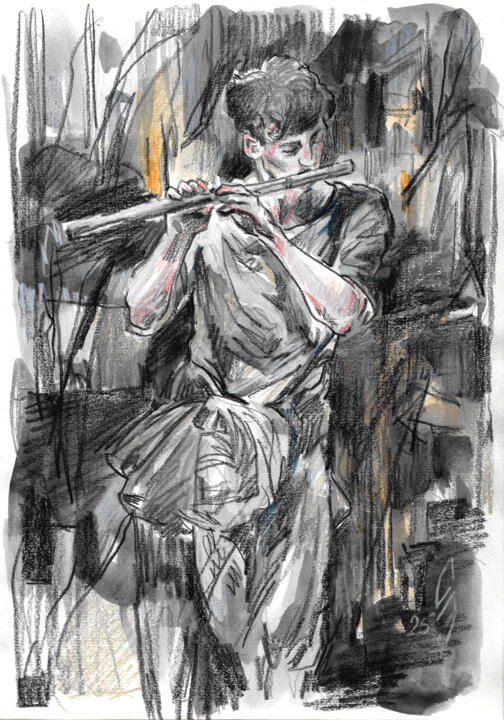 图画 标题为“Flutist” 由Sergey Sovkov, 原创艺术品, 水彩