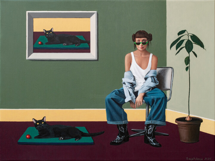 The Ficus, Cat, and She... Schilderij, 23,6x31,5 in