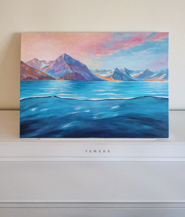 Blue Mountains and Lake at Sunset Painting, 19.7x27.6 in