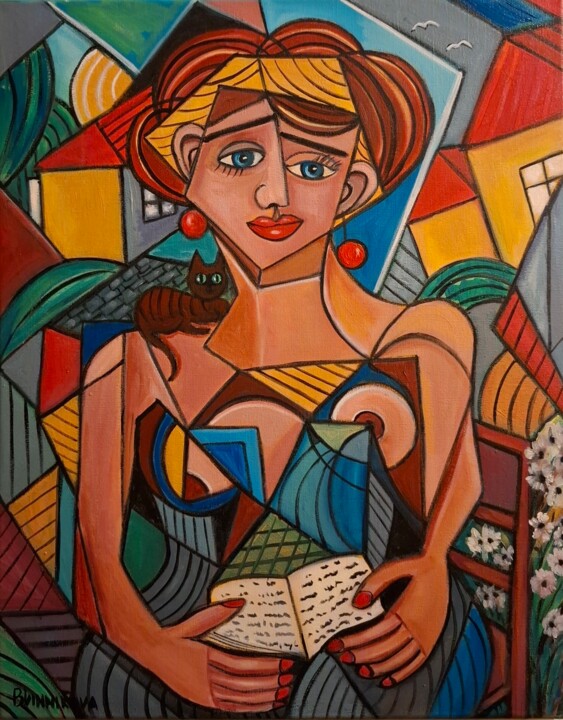 Mulher com gatinho e livro Картина, 19,7x15,8 in