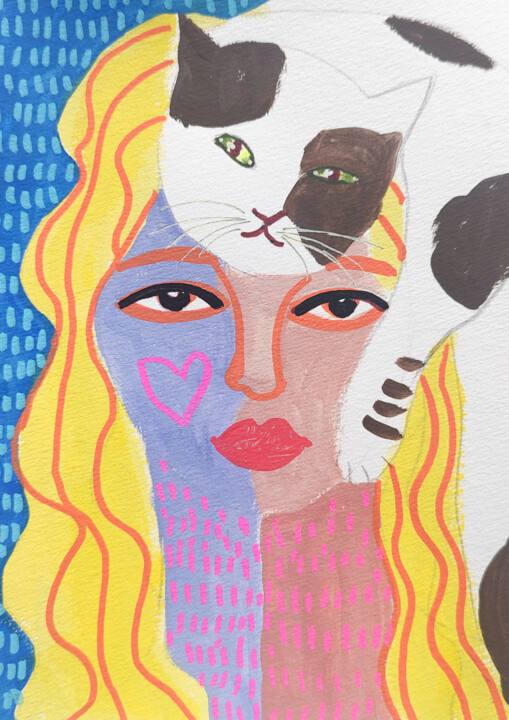 Frau mit Katze Original Malerei 绘画, 8.3x5.8 in