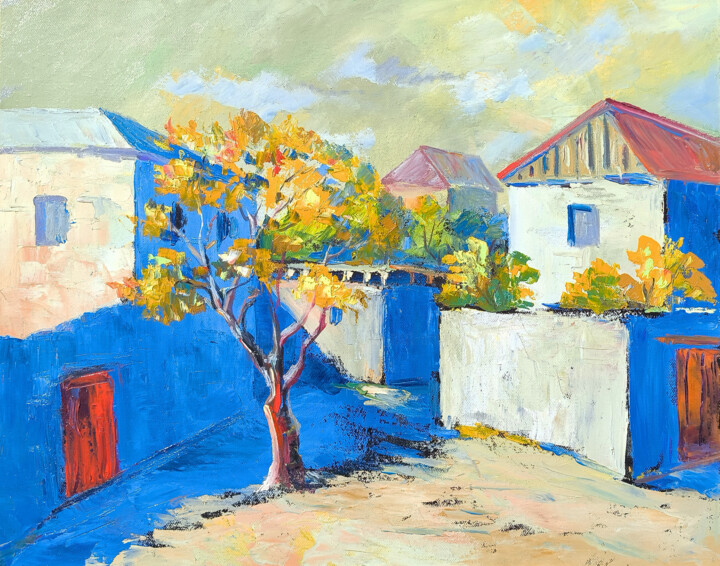 Schilderij getiteld "Sunlit Village Cour…" door Arto Mkrtchyan, Origineel Kunstwerk, Olie Gemonteerd op Frame voor houten br…