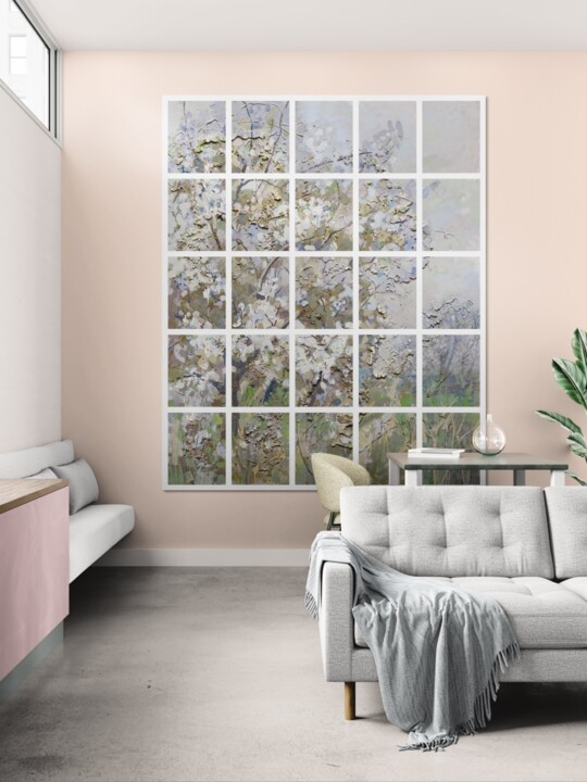 Big impressionist floral landscape in grey Tablo, 106,3x86,6 in