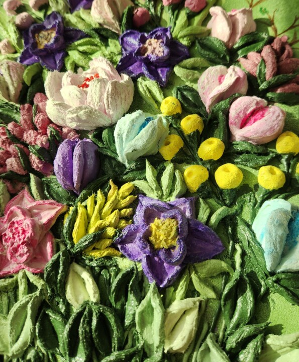 FLOWET BOUQUET ON GREEN BACKGROUND SCULPTURE PAINTING Tablo, 19,7x13,8 in