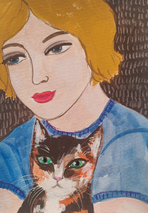 Blonde Frau mit Katze 绘画, 8.3x5.8 in
