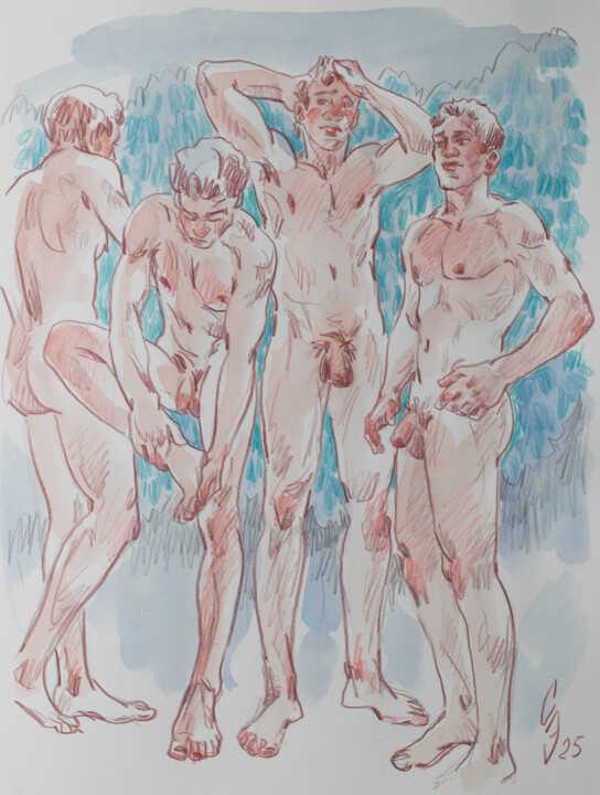 Drawing titled "Team of friends" by Sergey Sovkov, Original Artwork, Watercolor