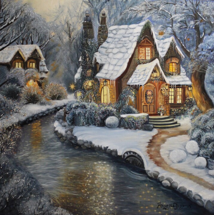 Painting titled "Cabin in the woods" by Nadzeya Dzemianchuk, Original Artwork, Oil Mounted on Wood Stretcher frame
