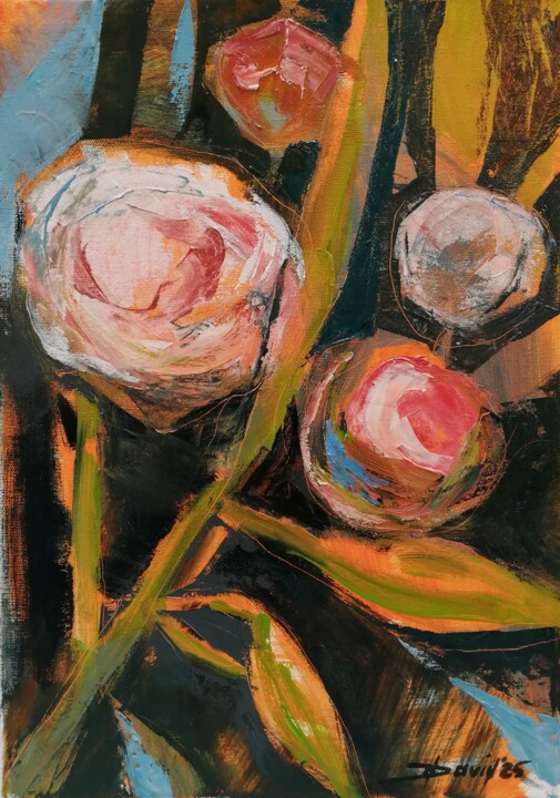 Pfingstrosen im Sonnenlicht Original Öl-Gemälde figurativ 绘画, 16.5x11.8 in