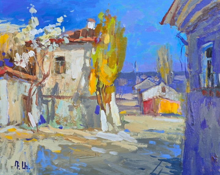 Sunlit Village Corner Schilderij, 15,8x19,7 in