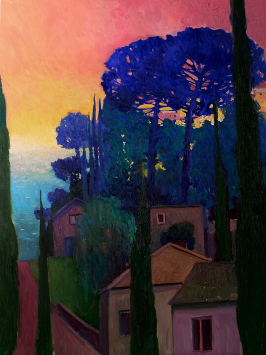 Blue Pine Trees, Before the Sunrise 绘画, 40x30 in