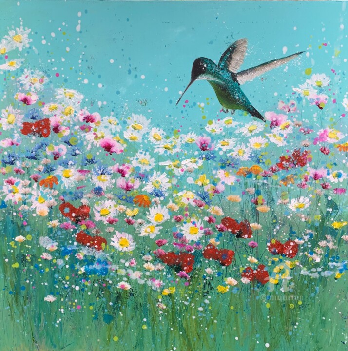 Painting titled "Live in Joy" by Laure Bury, Original Artwork, Oil Mounted on Wood Stretcher frame
