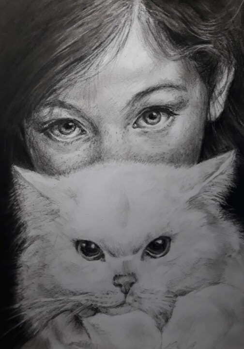 Девочка и кот 图画, 11.7x8.3 in