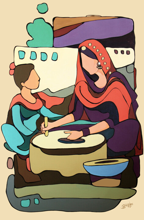 Punjabi Culture Painting - Mawan Te Dhiyan Schilderij, 36x24 in