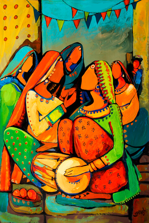 Punjabi Painting - Shaguna Di Raat 绘画, 36x24 in