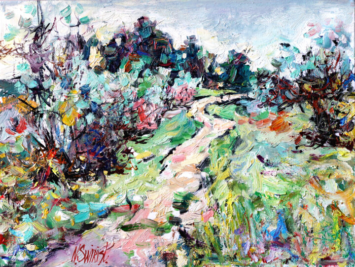 Painting titled "Spring path" by Nikita Ostapenco, Original Artwork, Oil Mounted on Wood Stretcher frame